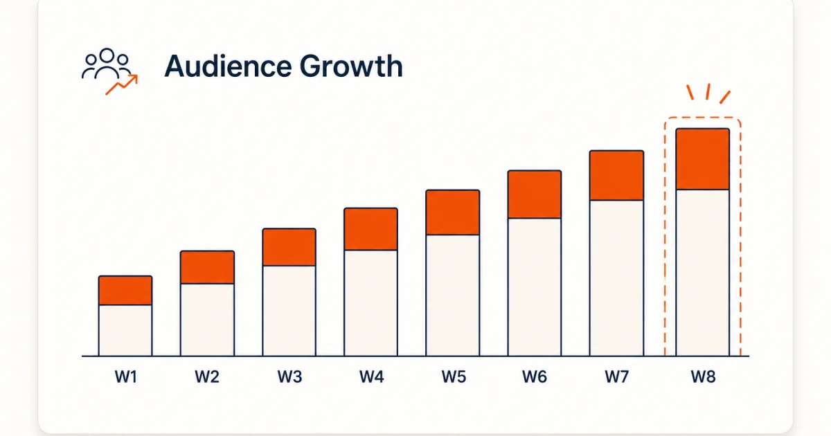 Stacked weekly audience growth bars for weeks one through eight, newest week highlighted