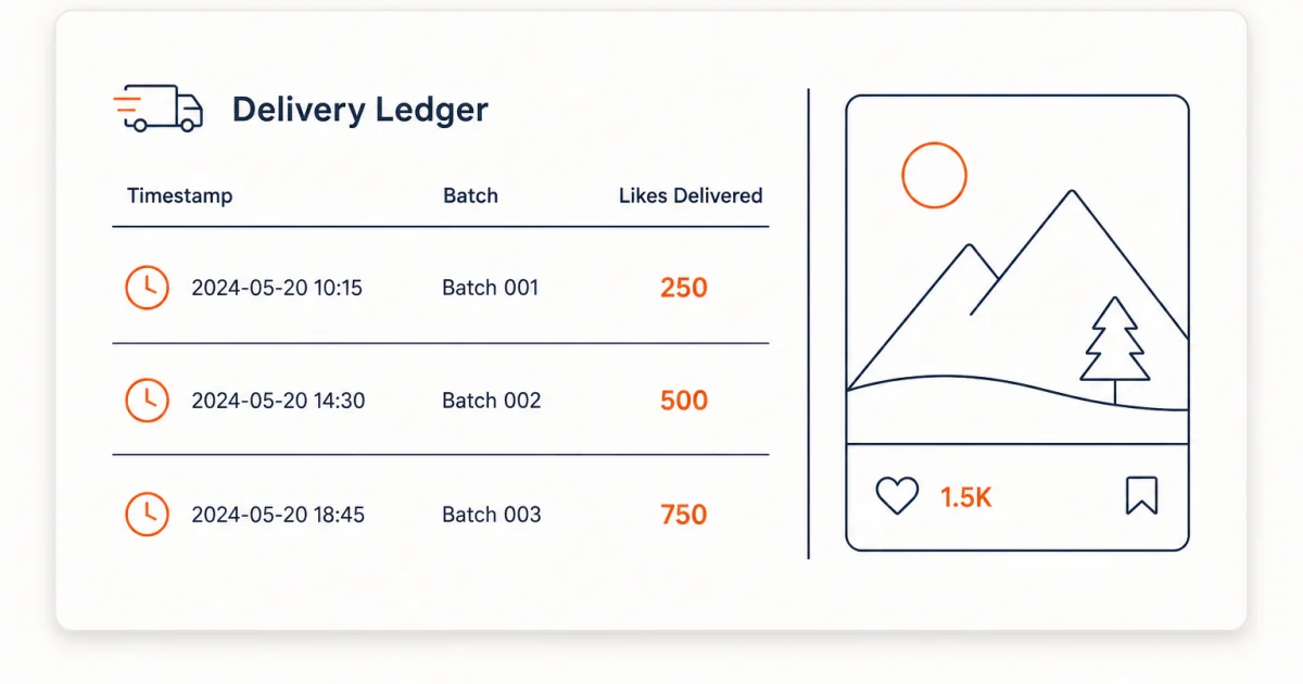 Delivery ledger listing three timestamped batches of 250, 500 and 750 reactions