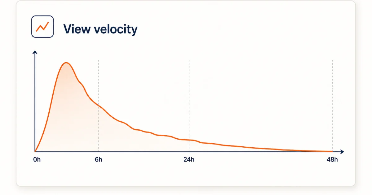 Area chart of Instagram view velocity over 48 hours, steep at first then tapering