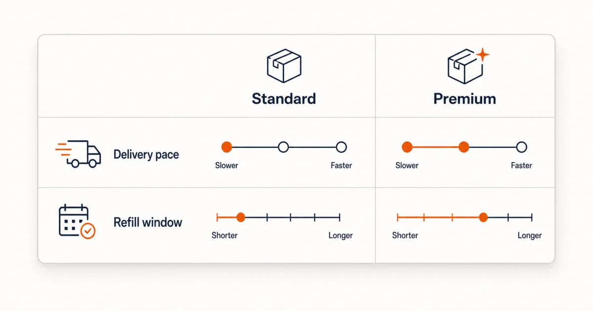 Side by side Standard and Premium panel comparing delivery pace and refill window