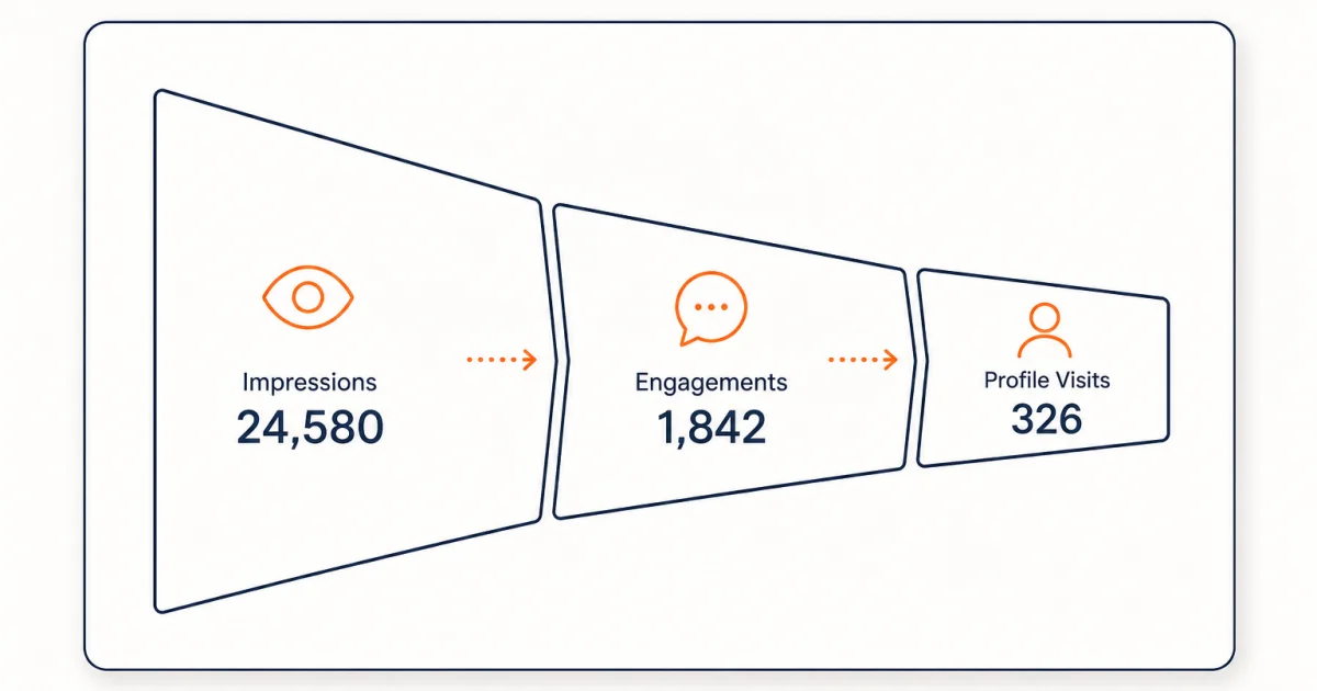 Funnel narrowing from 24,580 impressions to 1,842 engagements to 326 profile visits