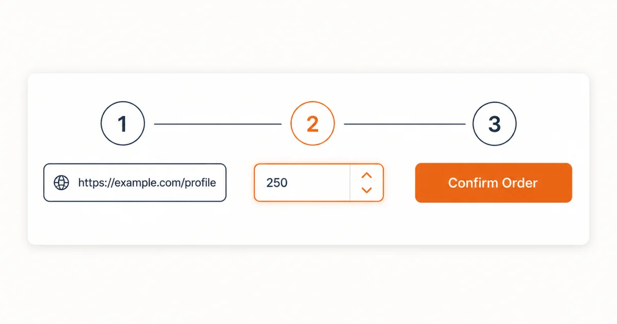 Three step order panel: video URL field, quantity set to 250, then Confirm Order