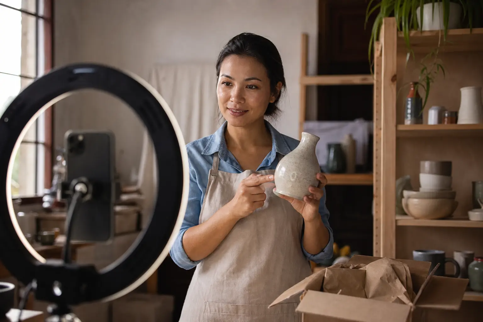 A small business owner records a product-focused Reel in a compact studio.