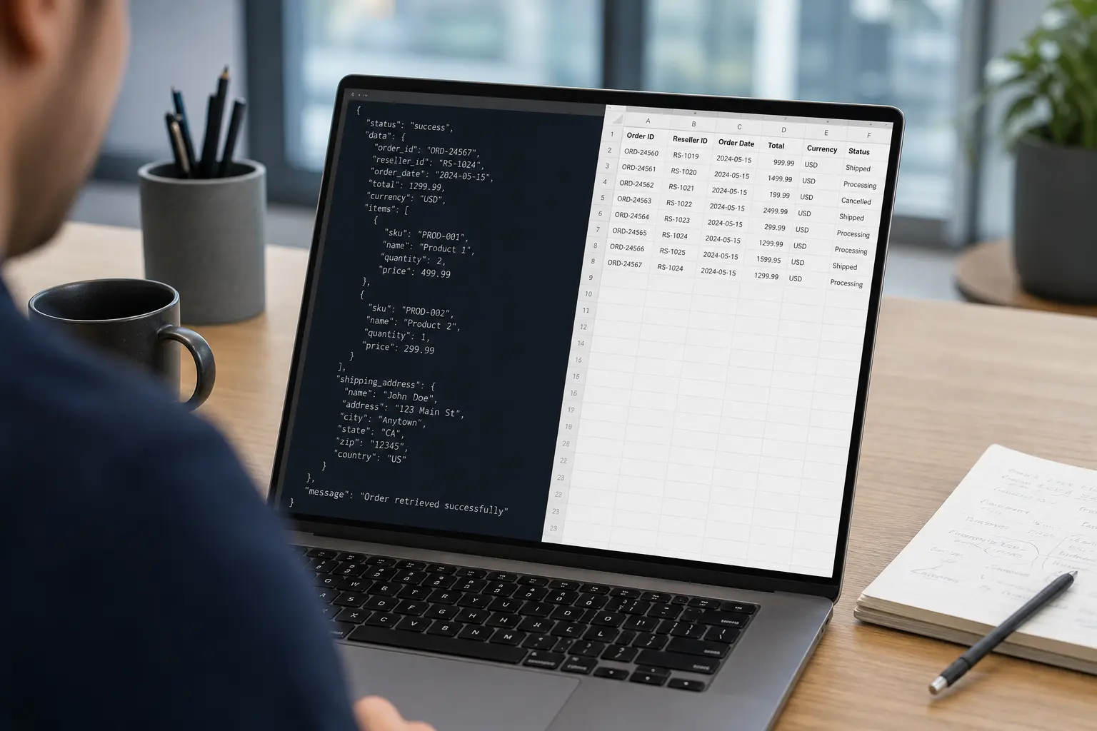 A reseller checks API responses beside an order-management spreadsheet.