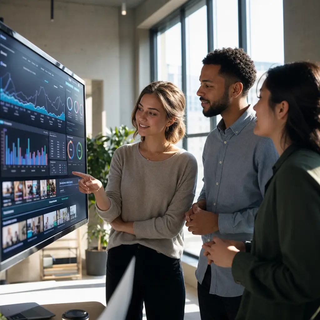 Marketing analysts reviewing performance data to refine growth strategies.