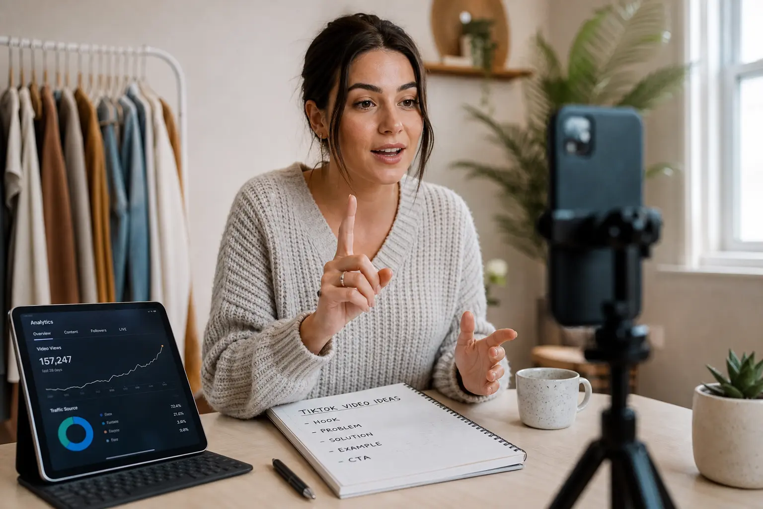 Creator filming a keyword-focused vertical video with supporting analytics notes.