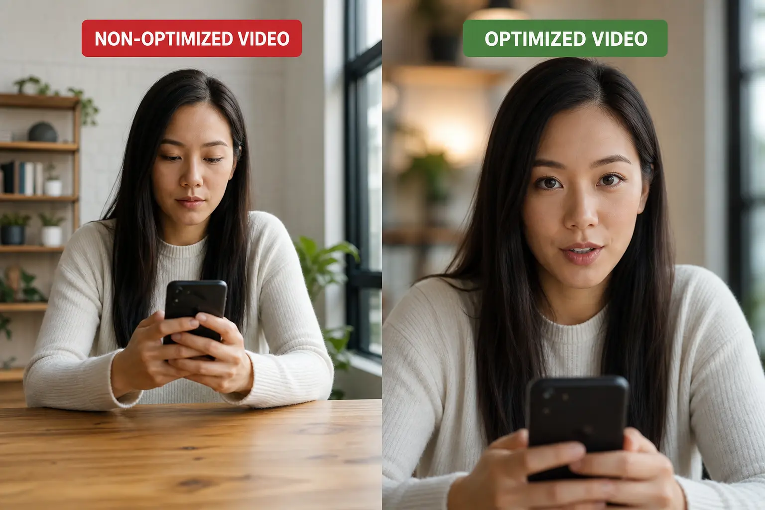 Example of a search-optimized TikTok video structure versus a non-optimized version.