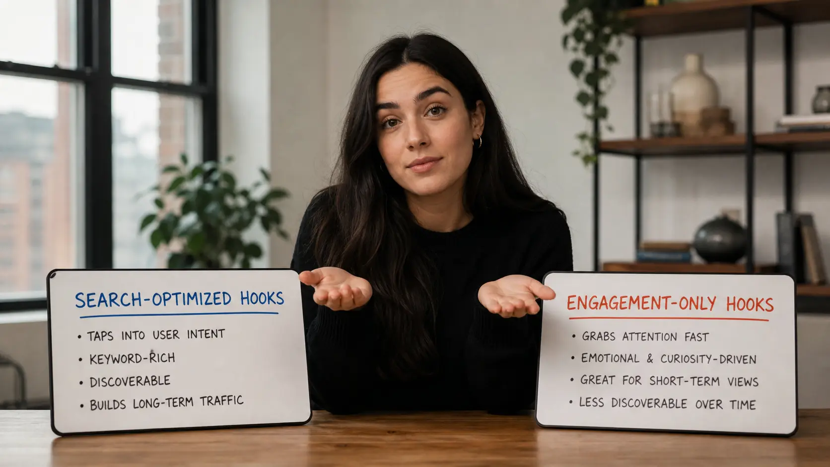 Comparison of search-optimized vs. engagement-only video hooks.
