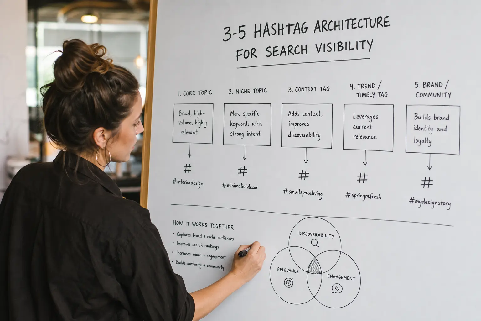 Visual breakdown of the 3-5 hashtag architecture for search visibility.